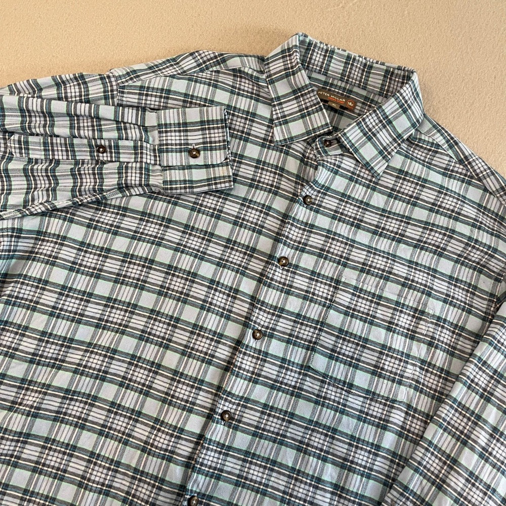 Peter Millar Crown Sport Plaid Long Sleeve Button Down Shirt Men XL Blue Green‎